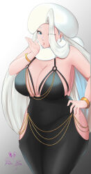  alternate_costume artist_name bare_arms bare_shoulders black_dress blonde_hair blowing_kiss blue_eyes breasts cleavage dress earrings female fur_collar fur_hat halter_dress halterneck hand_on_own_hip hand_up hat highres hip_vent jewelry large_breasts long_hair mature_female melony_(pokemon) multicolored_hair one_eye_closed pearl_earrings pokemon pokemon_swsh ring rinku_bny solo spaghetti_strap streaked_hair taut_clothes taut_dress ushanka wedding_ring 