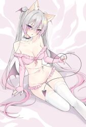  :o animal_ears annytf artist_name ass_visible_through_thighs beyumi black_collar black_tail black_wings blush breasts brooch cleavage clothing_request collar collarbone commentary curled_fingers demon_tail demon_wings female foot_out_of_frame fox_ears frilled_collar frilled_panties frills gradient_hair gradient_tail gradient_wings grey_hair groin hair_between_eyes hair_ornament hair_spread_out hand_on_own_tail head_wings heart heart_brooch highres indie_virtual_youtuber jewelry long_hair looking_at_viewer low_wings medium_breasts multicolored_hair multicolored_wings multiple_wings navel oerba_yun_fang open_hand open_mouth panties pink_background pink_hair pink_nails pink_panties pink_ribbon pink_streaks pink_tail pink_theme pink_wings ribbon signature sitting skin_fang solo star_(symbol) star_hair_ornament stomach straight_hair streaked_hair symbol-only_commentary tail tail_raised thighhighs tsurime twintails two-tone_hair two-tone_tail two-tone_wings underwear v-shaped_eyebrows very_long_hair virtual_youtuber white_thighhighs wings 