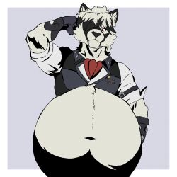  2024 anthro belly big_belly canid canine canis classy clock clothing fur gloves hair half-length_portrait hand_behind_head handwear hi_res huge_belly hyper hyper_belly male mammal mihoyo muffin7775 multicolored_hair muscular muscular_anthro muscular_male navel pocketwatch portrait red_eyes rolled_up_sleeves shirt solo straps topwear two_tone_hair von_lycaon watch white_body white_clothing white_fur white_hair white_shirt white_topwear wolf zenless_zone_zero 