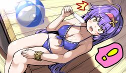  ^^^ ahoge ball bare_shoulders beachball bikini bracelet breasts clarissa_(epic_seven) cleavage dutch_angle epic_seven food food_on_body food_on_breasts hairband jewelry long_hair looking_at_viewer navel popsicle purple_hair sharp_teeth sitting swimsuit teeth tsuzuri_(tuzuri) yellow_eyes 