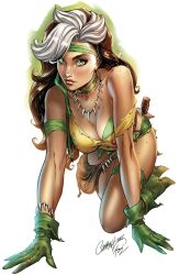  all_fours boots brown_hair female gloves green_boots green_eyes green_gloves highres j._scott_campbell jewelry long_hair looking_at_viewer marvel multicolored_hair necklace official_alternate_costume rogue_(x-men) shirt signature simple_background solo torn_clothes torn_shirt two-tone_hair white_background white_hair x-men yellow_shirt 
