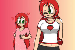  2girls alicia_(writers_crusaders) alicia_strawberry_thomson amy_(writers_crusaders) amy_strawberry_thomson angry belly_button big_breasts black_shorts braided_hair censored cute exposed_belly flat_chest freckles freckles_on_chest green_eyes jealous jealousy long_hair one_eye_closed original_characters pink_dress red_hair shorts simple_background sisters strawberry t-shirt teasing tongue_out touching_breast touching_chest wcjuan writers_crusaders 