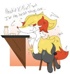  2026 3_fingers 3_toes alcohol ambiguous_anthro ambiguous_gender anthro arm_tuft beverage biped black_body border braixen bubble canid cel_shading cheek_tuft chest_tuft closed_frown colored dialogue digital_drawing_(artwork) digital_media_(artwork) dipstick_tail drunk drunk_bubble emanata english_text eyebrows eyelashes facial_tuft feet fingers fluffy fluffy_tail frown full-length_portrait fur furniture furrowed_brow generation_6_pokemon gradient_background guzzlord420 half-closed_eyes hi_res hiccuping hip_tuft inner_ear_fluff inside leaning leaning_forward looking_back mammal markings mouth_closed multicolored_body multicolored_fur narrowed_eyes nintendo nude_ambiguous nude_anthro orange_body orange_eyes orange_fur orange_inner_ear_fluff orange_nose orange_tail_tip pokemon pokemon_(species) portrait quadruped sake shaded shoulder_tuft side_view simple_background sitting snout solo sound_effects stool substance_intoxication tail tail_markings text toes tuft two_tone_tail white_body white_fur yellow_body yellow_fur yellow_tail 