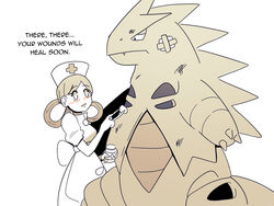  1boy 1girls dialogue monster nintendo nurse nurse_cap nurse_joy nurse_uniform pok&eacute;mon_(species) pokemon text tyranitar wolfgang_bang year_request 