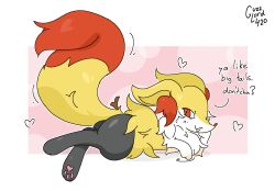  2024 3_toes :3 aliasing ambiguous_anthro ambiguous_gender anthro arm_tuft big_tail binary_drawing biped black_body border braixen canid cel_shading cheek_tuft chest_tuft colored dialogue digital_drawing_(artwork) digital_media_(artwork) digitigrade dipstick_tail ears_back emanata english_description eyelashes facial_tuft feet female_(lore) full-length_portrait fur generation_6_pokemon guzzlord420 head_on_hand heart_symbol hi_res hip_tuft inner_ear_fluff looking_at_viewer lying mammal markings nintendo nude_ambiguous nude_anthro on_front open_:3 orange_body orange_eyes orange_fur orange_inner_ear_fluff orange_nose orange_tail_tip pawpads pink_background pink_pawpads pivoted_ears pointy_ears pokemon pokemon_(species) portrait prick_ears question shaded shoulder_tuft side_view signature simple_background snout solo stick stick_in_tail tail tail_markings toes tuft two_tone_tail white_body white_fur yellow_body yellow_fur yellow_tail 