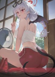  ass black-framed_eyewear black_tail black_wings blue_archive blue_sky blush braid breasts camisole cloud cloudy_sky commentary_request day demon_girl demon_tail demon_wings dolphin_shorts electric_fan eyewear_on_head female food from_behind fruit halo haruna_(blue_archive) highres holding holding_food holding_popsicle indoors large_breasts long_hair looking_at_viewer on_floor popsicle red_hair red_halo red_shorts sejin shorts shouji single_wing sky sliding_doors solo spaghetti_strap tail thighs tongue tongue_out watermelon watermelon_slice white_hair wings wooden_floor 