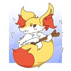  1:1 2024 aliasing ambiguous_anthro ambiguous_gender anthro arm_tuft big_tail binary_drawing biped blue_background border braixen brown_eyes brown_nose canid cel_shading cheek_tuft chest_tuft colored cute_fangs digital_drawing_(artwork) digital_media_(artwork) dipstick_tail emanata facial_tuft fangs fluffy fluffy_tail front_view fur generation_6_pokemon guzzlord420 half-length_portrait holding_object holding_stick inner_ear_fluff looking_at_viewer mammal markings mouth_closed multicolored_body multicolored_fur nintendo nude_ambiguous nude_anthro orange_body orange_fur orange_inner_ear_fluff orange_tail_tip pointy_ears pokemon pokemon_(species) portrait prick_ears shaded shoulder_tuft simple_background snout solo stick tail tail_markings teeth tuft two_tone_tail white_body white_fur yellow_body yellow_fur yellow_tail 