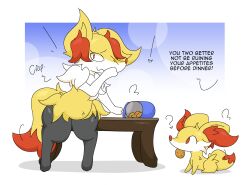  2026 3_toes ambiguous_anthro ambiguous_feral ambiguous_gender anthro arm_tuft belly biped black_body black_fur border braixen canid caught_in_the_act cel_shading cheek_tuft chest_tuft colored cookie covering covering_mouth dialogue digital_drawing_(artwork) digital_media_(artwork) digitigrade dipstick_tail duo emanata english_description english_text eyelashes facial_tuft feet fennekin feral food food_in_mouth front_view fur furniture generation_6_pokemon gradient_background guzzlord420 heart_symbol hi_res hip_tuft inner_ear_fluff inside looking_up mammal markings multicolored_body multicolored_fur nintendo no_pupils nude_ambiguous nude_anthro orange_body orange_eyes orange_fur orange_inner_ear_fluff orange_nose orange_tail_tip pointy_ears pokemon pokemon_(species) prick_ears quadruped question_mark shaded shoulder_tuft side_view simple_background sitting snout standing table tail tail_markings text toes tuft two_tone_tail wavy_mouth white_body white_fur yellow_body yellow_fur yellow_tail 
