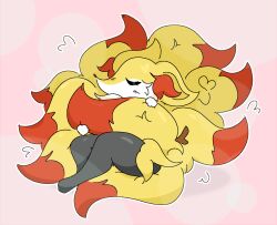  2024 3_fingers 3_toes 9_tails aliasing ambiguous_anthro ambiguous_gender anthro arm_tuft big_tail binary_drawing biped black_body black_fur braixen canid cel_shading cheek_tuft closed_eyes colored digital_drawing_(artwork) digital_media_(artwork) digitigrade dipstick_tail ears_back emanata english_description eyelashes facial_tuft feet fingers fluffy fluffy_tail front_view full-length_portrait fur generation_6_pokemon guzzlord420 hi_res inner_ear_fluff mammal markings multi_tail multicolored_body multicolored_fur nintendo nude_ambiguous nude_anthro orange_body orange_fur orange_inner_ear_fluff orange_nose orange_tail_tip outline pink_background pivoted_ears pointy_ears pokemon pokemon_(species) portrait prick_ears shaded shoulder_tuft simple_background sitting snout solo stick stick_in_tail tail tail_hug tail_markings three-quarter_view toes tuft two_tone_tail white_body white_fur yellow_body yellow_fur 