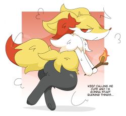  2026 3_fingers ambiguous_anthro ambiguous_gender anthro arm_tuft biped black_body black_fur border braixen canid cel_shading cheek_tuft chest_tuft colored digital_drawing_(artwork) digital_media_(artwork) digitigrade dipstick_tail ears_back elemental_manipulation emanata english_description english_text eyebrows eyelashes facial_tuft fingers fire fire_manipulation fluffy fluffy_tail frown full-length_portrait fur generation_6_pokemon gradient_background guzzlord420 half-closed_eyes hi_res hip_tuft holding_object holding_stick inner_ear_fluff looking_back mammal markings mouth_closed multicolored_body multicolored_fur narrowed_eyes nintendo no_pupils nude_ambiguous nude_anthro on_one_leg orange_body orange_eyes orange_fur orange_inner_ear_fluff orange_nose orange_tail_tip pivoted_ears pointy_ears pokemon pokemon_(species) portrait prick_ears shaded shoulder_tuft side_view simple_background snout solo standing stick tail tail_markings text threatening tuft two_tone_tail white_body white_fur yellow_body yellow_fur yellow_tail 