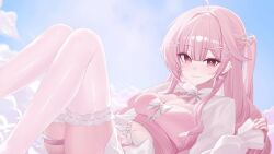  ahoge belt breasts cleavage closed_mouth crop_top day feet_out_of_frame female hair_ornament hairclip heart heart_hair_ornament highres knees_up long_hair long_sleeves looking_at_viewer medium_breasts midriff navel one_side_up original pink_eyes pink_hair pink_shirt pink_skirt second-party_source sei_(0724sei6) shirt shrug_(clothing) skirt smile solo sunlight thigh_strap thighhighs white_shrug white_thighhighs 