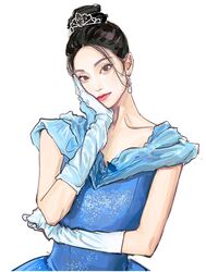  black_hair blue_dress blue_gloves chinese_commentary collarbone commentary_request dress earrings female flat_chest gloves grey_eyes hair_behind_ear hand_on_own_cheek hand_on_own_face head_tilt highres jewelry jiu_hao_taiyang_de_shexian light_smile looking_at_viewer mole mole_on_nose original pink_lips realistic solo tiara upper_body white_background 