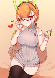  andou_inari andou_inari_official bare_arms blue_eyes breasts brown_background choumi_wuti_(xueye_fanmang_zhong) closed_mouth commentary_request female fox_girl fox_tail glasses heart highres image_sample joints large_breasts nijisanji orange_hair pixiv_sample robot_ears robot_joints sitting solo sweater tail thighhighs virtual_youtuber virtuareal 