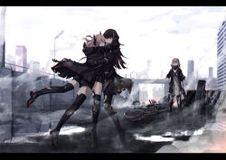  3girls black_thighhighs brown_hair city dress gas_mask girls&#039;_frontline gloves green_hair gun headgear highres holding holding_gun holding_weapon holster hug jacket letterboxed long_hair m4_sopmod_ii_(girls&#039;_frontline) m4_sopmod_ii_(mod3)_(girls&#039;_frontline) m4a1_(girls&#039;_frontline) m4a1_(mod3)_(girls&#039;_frontline) mask mechanical_arms mishima_hiroji motor_vehicle motorcycle multicolored_hair multiple_girls one_eye_closed outdoors particle_cannon_case pink_hair pouch red_hair single_mechanical_arm skull_mask st_ar-15_(girls&#039;_frontline) st_ar-15_(mod3)_(girls&#039;_frontline) standing streaked_hair thigh_holster thigh_pouch thighhighs torn_clothes torn_jacket torn_thighhighs weapon 