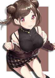  absurdres blush border breasts brown_background brown_hair brown_jacket commentary_request double_bun female hair_bun hair_ornament hairclip highres idolmaster idolmaster_shiny_colors jacket large_breasts leaning_forward looking_at_viewer megurumiru off_shoulder partial_commentary plaid plaid_skirt red_eyes ribbed_sweater short_hair skirt sleeveless sleeveless_sweater sleeveless_turtleneck smile solo sonoda_chiyoko sweater turtleneck turtleneck_sweater white_border x_hair_ornament 