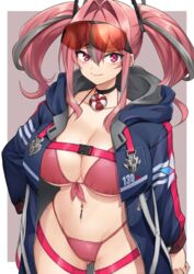  ass_visible_through_thighs azur_lane bad_id bad_pixiv_id belt bikini black_choker blue_jacket border breasts bremerton_(azur_lane) buckle choker cleavage commentary cowboy_shot ear_piercing eyewear_on_head female grey_background grey_hair groin hair_between_eyes hair_intakes hair_ornament hand_on_own_hip highleg highleg_bikini highres hood hood_down hooded_jacket huge_breasts jacket large_breasts lifebuoy_ornament long_hair long_sleeves looking_at_viewer mole mole_on_breast mole_under_eye multicolored_hair navel navel_piercing open_clothes open_jacket piercing pink_bikini pink_eyes pink_hair red-tinted_eyewear rurie_(lourie) shadow sidelocks simple_background smile snap-fit_buckle solo standing streaked_hair sunglasses swimsuit thigh_strap tinted_eyewear twintails two-tone_hair white_border 