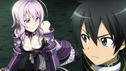  1boy black_eyes black_hair black_legwear breasts cleavage female game_cg highres kirito large_breasts mole mole_on_breast non-web_source official_art purple_hair red_eyes short_hair skirt strea_(sao) sword_art_online sword_art_online:_hollow_fragment white_skirt 