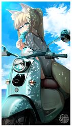  animal_ear_fluff animal_ears arm_support artist_logo blonde_hair blue_eyes blunt_bangs border day eating extra_ears female food fox_ears fox_girl fox_tail glasses highres kono_iroha kuro_kosyou long_hair looking_at_viewer looking_back motor_vehicle ocean off-shoulder_shirt off_shoulder on_scooter original outdoors ponytail popsicle ribbon-trimmed_sleeves ribbon_trim scooter shirt sidelocks sitting sky solo tail watermark white_border white_shirt 