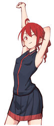  ahoge arms_up bad_id bad_pixiv_id blue_shirt blue_skirt commentary cowboy_shot drill_hair female kasane_teto looking_at_viewer medium_hair miniskirt one_eye_closed pleated_skirt red_eyes red_hair shirt skirt sleeveless sleeveless_shirt smile solo stretching utau white_background yasutange 