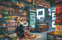  2022 amazing_background anthro barefoot basket beverage_can bottle bread bread_loaf cash_register cheetos chips_(food) clothed clothing coca-cola container convenience_store crouching detailed detailed_background digital_media_(artwork) digital_painting_(artwork) digitigrade doritos dragon feet food frito-lay full-length_portrait fully_clothed fur fur_trim furred_dragon furred_scalie glass_door horn hybrid inside instant_noodles jacato male milk_bottle mythological_creature mythological_scalie mythology noodles portrait scalie shelf shopping shopping_basket sign slice_of_life snack snacks soda_bottle solo store tail vending_machine 