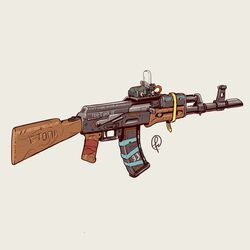  akm assault_rifle commentary copyright_name duct_tape english_commentary fernando_correa from_side grey_background gun highres kalashnikov_rifle md5_mismatch metro_2033 no_humans optical_sight original photoshop_(medium) rifle russian_text rust scope signature simple_background still_life translated weapon weapon_focus 