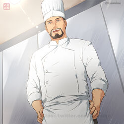  1boy bara beard brown_eyes brown_hair chef chef_hat commentary_request facial_hair hat isekai_shokudou isomine male_focus mature_male moustache muscular muscular_male open_mouth short_hair smile solo tenshu_(isekai_shokudou) 