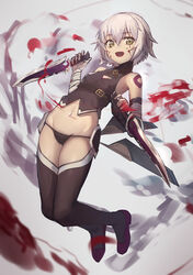  aito bandaged_arm bandages bare_shoulders black_panties black_thighhighs blood blood_on_face blush boots breasts commentary_request dagger dual_wielding fate/apocrypha fate_(series) female gloves green_eyes hair_between_eyes highres holding holding_dagger holding_knife holding_weapon jack_the_ripper_(fate/apocrypha) knife looking_at_viewer navel open_mouth panties scar scar_across_eye scar_on_face short_hair solo tattoo thigh_boots thighhighs underwear weapon white_hair 