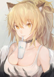  absurdres animal_ear_fluff animal_ears arknights bangs bare_shoulders black_choker black_jacket blonde_hair breasts choker cleavage collarbone commentary_request cup drinking_straw eyebrows_visible_through_hair fanshu female fur-trimmed_jacket fur_trim grey_background hair_between_eyes highres jacket lion_ears long_hair looking_at_viewer medium_breasts off_shoulder siege_(arknights) simple_background smile solo tank_top upper_body white_tank_top yellow_eyes 