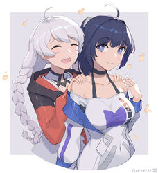  2girls :d ^_^ absurdres ahoge artist_name black_choker black_hair blue_eyes blush border bra_strap braid breasts chinese_commentary choker closed_eyes collarbone commentary_request covered_navel cropped_torso dated fled grey_background hands_on_another&#039;s_shoulders highres honkai_(series) honkai_impact_3rd hood hood_down hooded_jacket jacket kiana_kaslana kiana_kaslana_(white_comet) light_blush long_hair long_sleeves looking_back medium_breasts multicolored_clothes multicolored_jacket multiple_girls off-shoulder_shirt off_shoulder open_mouth outside_border photoshop_(medium) raiden_mei raiden_mei_(striker_fulminata) round_teeth shirt short_hair simple_background smile teeth twin_braids upper_body upper_teeth_only white_border white_hair 