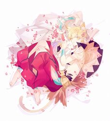  1boy animal_ears arabian_clothes blonde_hair cat_ears cat_tail creature e_(h798602056) earrings fate/grand_order fate_(series) female flower fou_(fate) gilgamesh_(caster)_(fate) gilgamesh_(fate) hat highres jewelry lying red_eyes short_hair sleeping tail tattoo 