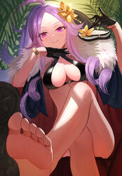  absurdres ahoge bare_shoulders barefoot bikini black_bikini black_cape black_gloves bracelet breasts cape cleavage collarbone commentary_request crossed_legs dolce_(dolsuke) facial_mark fate/grand_order fate_(series) feet female flower forehead forehead_mark fur-trimmed_cape fur_trim gloves hair_flower hair_ornament half_gloves highres jewelry large_breasts long_hair looking_at_viewer palm_leaf parted_bangs ponytail purple_eyes purple_hair sandals sidelocks sitting smile soles solo swimsuit thighs toes unworn_sandals very_long_hair wu_zetian_(fate) wu_zetian_(swimsuit_caster)_(fate) wu_zetian_(swimsuit_caster)_(third_ascension)_(fate) 