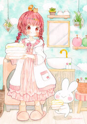  animal_on_head bathrobe bathroom bird braid dress emo_(mikan) female holding holding_towel md5_mismatch on_head orange_socks original painting_(medium) pink_dress pink_footwear pink_hair rabbit red_eyes robe slippers smile socks striped_clothes striped_socks towel traditional_media twin_braids two-tone_socks vertical-striped_clothes vertical-striped_socks watercolor_(medium) white_robe white_socks 