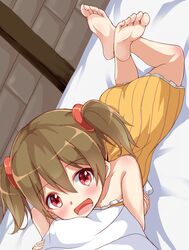  bare_shoulders barefoot bed blush brown_hair feet female highres hugging_object iberiko_(soinesitai) looking_at_viewer lying open_mouth petite red_eyes short_hair silica smile soles solo strapless sword_art_online twintails 