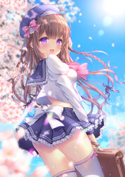  :d ass beret blue_hat blue_ribbon blue_sailor_collar blue_skirt blue_sky blurry blurry_background blush bow braid breasts briefcase brown_hair cherry_blossoms commentary_request day depth_of_field female flower hair_ribbon hairbow hat highres holding juliet_sleeves long_hair long_sleeves looking_at_viewer looking_back open_mouth original outdoors petals pink_bow pink_flower pleated_skirt puffy_sleeves ribbon sailor_collar school_briefcase school_uniform serafuku shirt skirt sky small_breasts smile solo standing standing_on_one_leg thighhighs twin_braids very_long_hair white_bow white_shirt white_thighhighs yuyuko_(yuyucocco) 