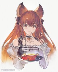  animal_ears anthuria bare_shoulders bowl breasts choker closed_mouth cropped_torso erune female food frilled_shirt frilled_sleeves frills granblue_fantasy grey_background heart highres holding holding_tray index_finger_raised juliet_sleeves long_sleeves looking_at_viewer medium_breasts nishiki_(jinnishiki) off-shoulder_shirt off_shoulder puffy_sleeves red_eyes red_hair shirt simple_background smile solo soup tray twitter_username 