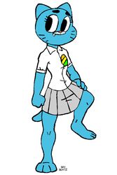  2019 absurd_res anthro blue_body blue_fur bottomwear cartoon_network clothed clothing decorative_pin digital_media_(artwork) domestic_cat felid feline felis female fur hand_on_hip hi_res mammal nicole_watterson simple_background skirt skybeatz solo standing the_amazing_world_of_gumball white_background 