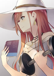  absurdres arisugawa_natsuha blush book brown_hair commentary_request dumbbell earrings female grey_eyes hat highres holding holding_book idolmaster idolmaster_shiny_colors jewelry long_hair looking_away megurumiru necklace off-shoulder_shirt off_shoulder shirt smile solo sun_hat triangle_earrings upper_body white_hat white_shirt 