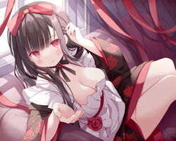  bad_id bad_pixiv_id black_hair blunt_bangs blush bow breasts cleavage female floral_print flower groin hair_ornament hairbow hand_up hoshino_koucha japanese_clothes kimono long_hair long_sleeves looking_to_the_side maid medium_breasts obi original palms red_bow red_eyes ribbon rose sash sidelocks sitting smile solo thighs tucking_hair wa_maid wide_sleeves yukata 