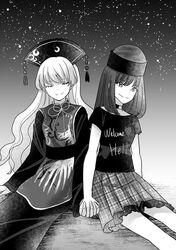  2girls absurdres animal_print bad_id bad_twitter_id bare_shoulders belt bird_print bow bowtie breasts chinese_clothes choker closed_eyes closed_mouth clothes_writing commentary_request crescent dress gradient_sky greyscale hair_between_eyes hat heart heart_print hecatia_lapislazuli highres holding_hands interlocked_fingers junko_(touhou) long_hair long_sleeves looking_to_the_side medium_breasts medium_hair monochrome multiple_girls night night_sky off-shoulder_shirt off_shoulder phoenix_crown phoenix_print plaid plaid_skirt pom_pom_(clothes) shirt short_sleeves sitting skirt sky smile star_(sky) starry_sky t-shirt tabard takamiya_nanase touhou underworld_(ornament) vest wide_sleeves yuri 