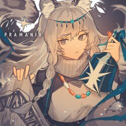  animal_ear_fluff animal_ears arknights bead_necklace beads bell black_cloak braid breasts character_name circlet cloak closed_mouth commentary dress expressionless female holding holding_bell jewelry leopard_ears long_hair looking_at_viewer medium_breasts necklace one-hour_drawing_challenge pramanix_(arknights) scarf side_braids sigma_eeco simple_background solo twin_braids white_background white_dress white_hair white_scarf 