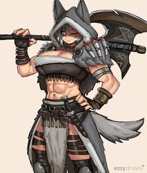  abs absurdres animal_ears axe barbarian black_nails bracelet breasts cleavage crop_top ezzydraws female fingerless_gloves gloves grey_hair hand_on_own_hip highres hood jewelry knife large_breasts looking_at_viewer muscular muscular_female one_eye_closed orange_eyes original over_shoulder pelt scar scar_across_eye signature smile solo tail weapon weapon_over_shoulder wolf_ears wolf_girl wolf_pelt wolf_tail 