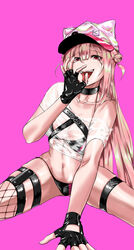  absurdres bare_shoulders belt bikini black_bikini black_choker black_gloves breasts choker cleavage collarbone double_bun fellatio_gesture female fishnet_thighhighs fishnets girls&#039;_frontline gloves hair_bun hand_on_floor harness hat highres kepra_iii leather leather_belt leather_gloves long_hair looking_at_viewer multicolored_hair navel official_alternate_costume ok_sign on_floor open_mouth partially_fingerless_gloves pink_background pink_hair red_eyes small_breasts solo spread_legs swimsuit thighhighs ukm-2000_(girls&#039;_frontline) ukm-2000_(soda_tale)_(girls&#039;_frontline) 