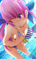  ahoge bad_id bad_twitter_id bare_shoulders beach bent_over bikini blue_hair blue_nails blue_ribbon blunt_bangs blush braid breasts cleavage cloud collarbone colored_inner_hair day female fingernails front-tie_bikini_top front-tie_top fumihiko_(fu_mihi_ko) hair_ribbon halterneck hand_on_own_chest highres hololive large_breasts long_hair looking_at_viewer minato_aqua minato_aqua_(hololive_summer_2019) multicolored_hair navel ocean official_alternate_costume open_mouth outdoors purple_eyes purple_hair ribbon sky solo streaked_hair striped_bikini striped_clothes swimsuit twintails two-tone_hair vertical-striped_bikini vertical-striped_clothes virtual_youtuber water wet 