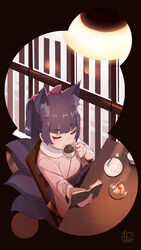  animal_ear_fluff animal_ears artist_logo black_background blunt_bangs book bow cafe cake cup drinking extra_ears eyeliner female food fork fox_ears fox_girl fox_tail hairbow highres indoors japanese_clothes kasumi_(kuro_kosyou) kimono kuro_kosyou makeup multiple_tails original ponytail purple_hair sitting solo spoon tail thick_eyebrows 