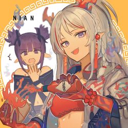  2girls arknights bandeau bare_shoulders bead_bracelet beads black_shirt bottle bracelet braid breasts character_name colored_skin commentary crop_top demon_horns dragon_horns earrings grey_hair hand_to_own_mouth holding holding_bottle horns jacket jewelry lava_(arknights) long_hair looking_at_viewer medium_breasts medium_hair multicolored_hair multiple_girls nian_(arknights) off-shoulder_shirt off_shoulder one-hour_drawing_challenge open_clothes open_jacket open_mouth orange_background pointy_ears ponytail purple_eyes purple_hair red_hair red_skin shirt short_twintails side_braid sigma_eeco simple_background smile strapless streaked_hair tabasco tassel tassel_earrings tube_top twintails two-tone_background two-tone_hair upper_body white_background white_jacket 