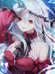  arknights arm_up breasts bubble commentary_request detached_sleeves dress eyebrows_hidden_by_hair female gloves hair_between_eyes highres long_sleeves looking_at_viewer medium_breasts nagute official_alternate_costume parted_lips red_dress red_eyes red_sleeves skadi_(arknights) skadi_the_corrupting_heart_(arknights) sleeveless sleeveless_dress smile solo upper_body water white_gloves white_hair wide_sleeves 