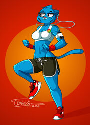  2021 absurd_res anthro blue_body blue_fur bottomwear breasts cartoon_network cellphone clothed clothing crop_top decorative_pin digital_media_(artwork) domestic_cat earbuds electronics felid feline felis female footwear fur headphones hi_res jogging mammal nicole_watterson phone shirt shoes shorts smartphone sneakers solo sweatband the_amazing_world_of_gumball tonero topwear 