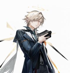  1boy arknights belt_buckle black_coat black_pants blue_necktie book buckle coat collared_shirt cowboy_shot detached_wings earpiece energy_wings enforcer_(arknights) grey_eyes grey_hair hair_over_one_eye halo holding holding_book long_sleeves looking_at_viewer male_focus necktie open_book pants parted_lips shirt short_hair simple_background white_background white_shirt wings yyb 