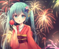  aerial_fireworks aqua_eyes aqua_hair candy_apple commentary female fireworks flower food hair_flower hair_ornament hatsune_miku highres holding holding_food ille_(xcpa7325) japanese_clothes kimono korean_commentary long_hair looking_at_viewer night night_sky parted_lips pink_flower purple_flower red_kimono sky solo star_(sky) starry_sky tassel twintails upper_body very_long_hair vocaloid 