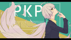  absurdres ahoge bad_id bad_pixiv_id blazer blue_jacket character_name closed_mouth english_text female finger_to_mouth from_side girls&#039;_frontline grey_hair highres jacket long_hair looking_at_viewer official_alternate_costume pkp_(girls&#039;_frontline) pkp_(l.a.d.y)_(girls&#039;_frontline) sarasa_dry shirt simple_background solo very_long_hair yellow_eyes yellow_shirt 